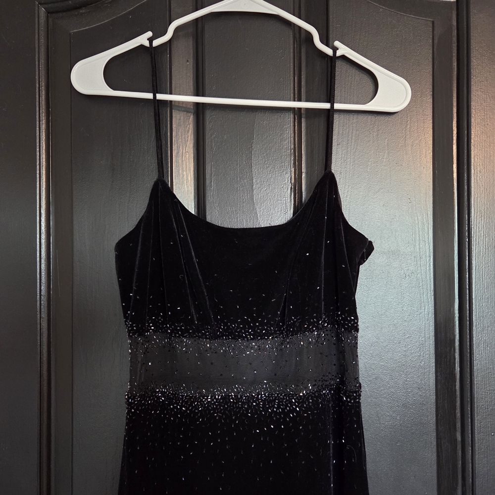 ​Betsy & Adam by Jaslene Black Velvet Gown with Sequin Mesh Waist